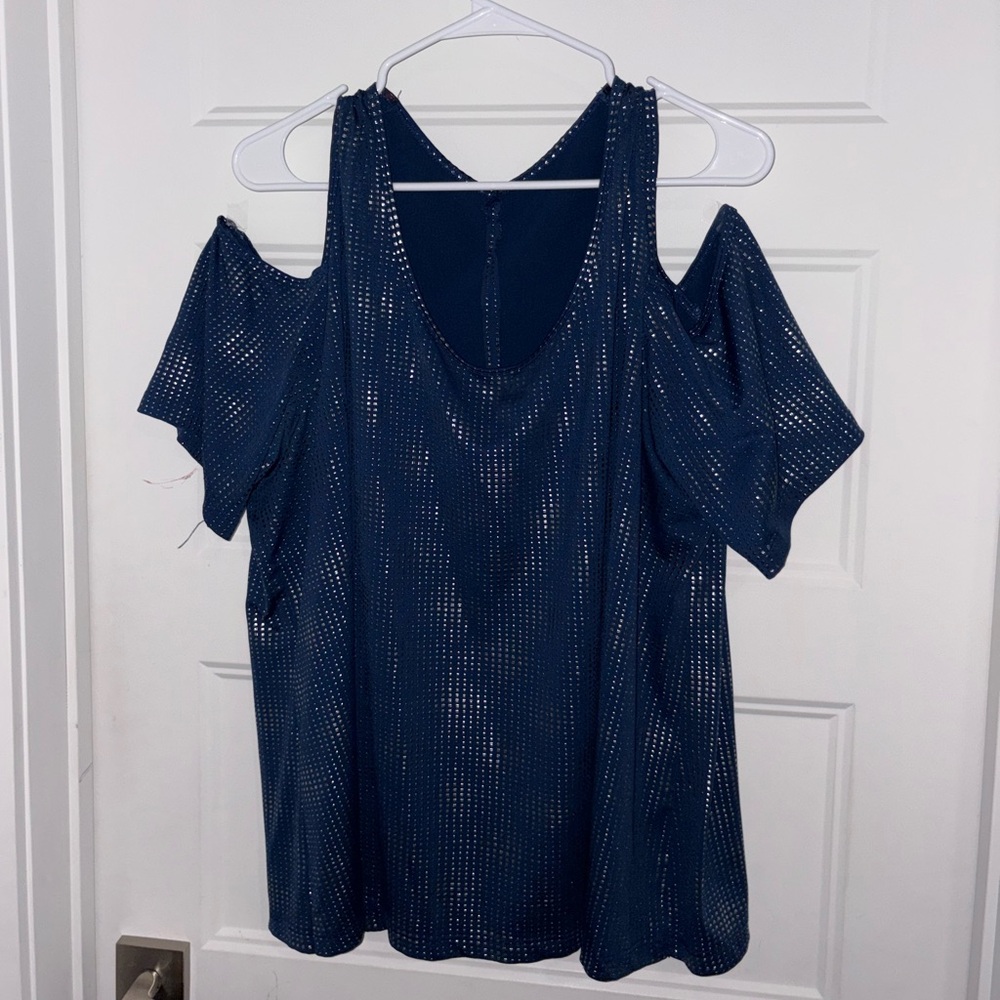 Elegant Cold shoulders Navy Blue/Silver Women's Top
